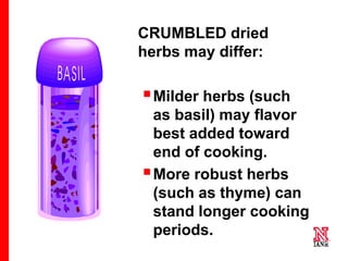 58 58
58
CRUMBLED dried
herbs may differ:
Milder herbs (such
as basil) may flavor
best added toward
end of cooking.
More robust herbs
(such as thyme) can
stand longer cooking
periods.
 