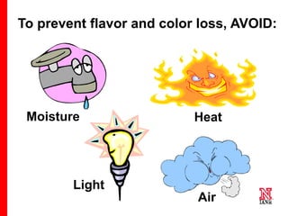 66 66
66
To prevent flavor and color loss, AVOID:
Moisture
Light
Heat
Air
 