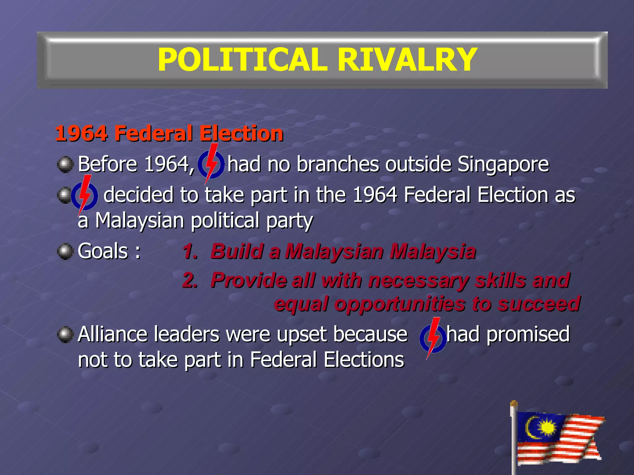 1964 Federal Election Before 1964,  had no branches outside Singapore decided to take part in the 1964 Federal Election as a Malaysian political party Goals : 1.  Build a Malaysian Malaysia 2.  Provide all with necessary skills and    equal opportunities to succeed Alliance leaders were upset because  had promised not to take part in Federal Elections POLITICAL RIVALRY 