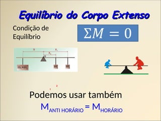 Equilíbrio do Corpo Extenso
Equilíbrio do Corpo Extenso
Condição de
Equilíbrio
1
2
Podemos usar também
MANTI HORÁRIO = MHORÁRIO
 
