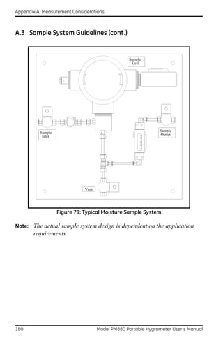 Appendix A. Measurement Considerations



A.3 Sample System Guidelines (cont.)


                                                  Sample
                                                   Cell




                                                               Sample
          Sample
                                                               Outlet
           Inlet




                              Vent




                   Figure 79: Typical Moisture Sample System

Note: The actual sample system design is dependent on the application
       requirements.




180                                  Model PM880 Portable Hygrometer User’s Manual
 