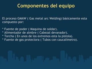 Componentes del equipo El proceso GMAW ( Gas metal arc Welding) básicamente esta compuesto por: * Fuente de poder ( Maquina de soldar). * Alimentador de almbre ( Cabezal devanador). * Torcha ( En unos de los extremos esta la pistola). * Fuente de gas protectora ( Tubos con caucalímetro).  
