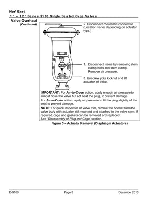 Nor’ East
1 ” – 1 2 ” Se rie s 91 00 S ingle Se a ted Ca ge Va lve s

Valve Overhaul
2. Disconnect pneumatic connection.
(Location varies depending on actuator
type.)

(Continued)

1. Disconnect stems by removing stem
clamp bolts and stem clamp.
Remove air pressure.
3. Unscrew yoke locknut and lift
actuator off valve.
IMPORTANT: For Air-to-Close action, apply enough air pressure to
almost close the valve but not seat the plug, to prevent damage.
For Air-to-Open action, apply air pressure to lift the plug slightly off the
seat to prevent damage.
NOTE: For quick inspection of valve trim, remove the bonnet from the
valve body with actuator still mounted and attached to the valve stem. If
required, cage and gaskets can be removed and replaced.
See ‘Disassembly of Plug and Cage’ section.
Figure 3 – Actuator Removal (Diaphragm Actuators)

D-9100

Page 8

December 2010

 