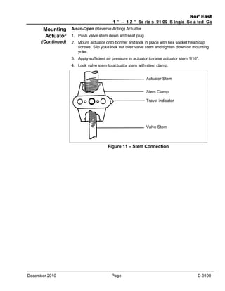 Mounting
Actuator
(Continued)

Nor’ East
1 ” – 1 2 ” Se rie s 91 00 S ingle Se a ted Ca
ge Va lve s
Air-to-Open (Reverse Acting) Actuator
1. Push valve stem down and seat plug.
2. Mount actuator onto bonnet and lock in place with hex socket head cap
screws. Slip yoke lock nut over valve stem and tighten down on mounting
yoke.
3. Apply sufficient air pressure in actuator to raise actuator stem 1/16”.
4. Lock valve stem to actuator stem with stem clamp.
Actuator Stem
Stem Clamp
Travel indicator

Valve Stem

Figure 11 – Stem Connection

December 2010

Page
19

D-9100

 