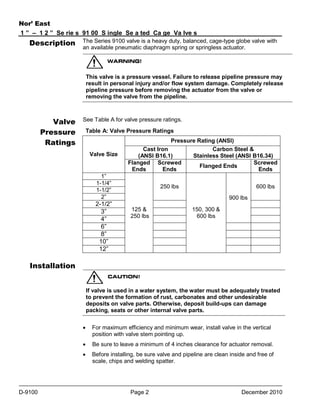 Nor’ East
1 ” – 1 2 ” Se rie s 91 00 S ingle Se a ted Ca ge Va lve s

Description

The Series 9100 valve is a heavy duty, balanced, cage-type globe valve with
an available pneumatic diaphragm spring or springless actuator.

This valve is a pressure vessel. Failure to release pipeline pressure may
result in personal injury and/or flow system damage. Completely release
pipeline pressure before removing the actuator from the valve or
removing the valve from the pipeline.

Valve
Pressure
Ratings

See Table A for valve pressure ratings.
Table A: Valve Pressure Ratings

Valve Size

Pressure Rating (ANSI)
Cast Iron
Carbon Steel &
(ANSI B16.1)
Stainless Steel (ANSI B16.34)
Flanged Screwed
Screwed
Flanged Ends
Ends
Ends
Ends

1”
1-1/4”
1-1/2”
2”

2-1/2”
3”
4”
6”
8”
10”
12”

250 lbs

600 lbs
900 lbs

125 &
250 lbs

150, 300 &
600 lbs

Installation

If valve is used in a water system, the water must be adequately treated
to prevent the formation of rust, carbonates and other undesirable
deposits on valve parts. Otherwise, deposit build-ups can damage
packing, seats or other internal valve parts.



Be sure to leave a minimum of 4 inches clearance for actuator removal.



D-9100

For maximum efficiency and minimum wear, install valve in the vertical
position with valve stem pointing up.

Before installing, be sure valve and pipeline are clean inside and free of
scale, chips and welding spatter.

Page 2

December 2010

 