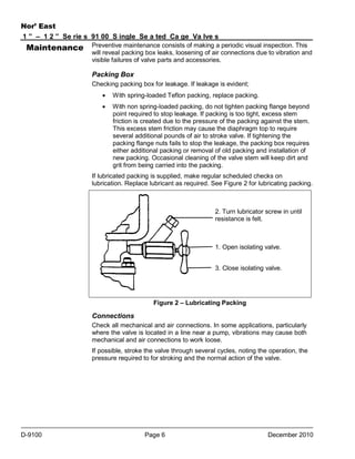 Nor’ East
1 ” – 1 2 ” Se rie s 91 00 S ingle Se a ted Ca ge Va lve s

Maintenance

Preventive maintenance consists of making a periodic visual inspection. This
will reveal packing box leaks, loosening of air connections due to vibration and
visible failures of valve parts and accessories.

Packing Box
Checking packing box for leakage. If leakage is evident;


With spring-loaded Teflon packing, replace packing.



With non spring-loaded packing, do not tighten packing flange beyond
point required to stop leakage. If packing is too tight, excess stem
friction is created due to the pressure of the packing against the stem.
This excess stem friction may cause the diaphragm top to require
several additional pounds of air to stroke valve. If tightening the
packing flange nuts fails to stop the leakage, the packing box requires
either additional packing or removal of old packing and installation of
new packing. Occasional cleaning of the valve stem will keep dirt and
grit from being carried into the packing.

If lubricated packing is supplied, make regular scheduled checks on
lubrication. Replace lubricant as required. See Figure 2 for lubricating packing.

2. Turn lubricator screw in until
resistance is felt.

1. Open isolating valve.
3. Close isolating valve.

Figure 2 – Lubricating Packing

Connections
Check all mechanical and air connections. In some applications, particularly
where the valve is located in a line near a pump, vibrations may cause both
mechanical and air connections to work loose.
If possible, stroke the valve through several cycles, noting the operation, the
pressure required to for stroking and the normal action of the valve.

D-9100

Page 6

December 2010

 