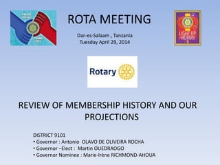 ROTA MEETING
REVIEW OF MEMBERSHIP HISTORY AND OUR
PROJECTIONS
DISTRICT 9101
• Governor : Antonio OLAVO DE OLIVEIRA ROCHA
• Governor –Elect : Martin OUEDRAOGO
• Governor Nominee : Marie-Irène RICHMOND-AHOUA
Dar-es-Salaam , Tanzania
Tuesday April 29, 2014
 