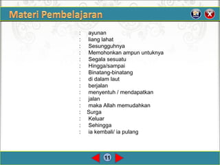 11
: ayunan
: liang lahat
: Sesungguhnya
: Memohonkan ampun untuknya
: Segala sesuatu
: Hingga/sampai
: Binatang-binatang
: di dalam laut
: berjalan
: menyentuh / mendapatkan
: jalan
: maka Allah memudahkan
: Surga
: Keluar
: Sehingga
: ia kembali/ ia pulang
 