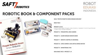 ROBOTIC BOOK & COMPONENT PACKS
BUKU "PROYEK ROBOTIK KEREN DENGAN ARDUINO"
BASIC PACK
PROJECT 1,3,4,6
(Thermometer Digital, Pengukur Jarak UltraSonic, Stopwatch, Kontrol Suara Android)
(1 paket untuk 4 proyek sekaligus)
PROJECT 2 - PENGONTROL ARAH KAMERA
PROJECT 5 - ALARM DENGAN SENSOR GERAK
PROJECT 7 - REMOTE CONTROL IR UNIVERSAL
PROJECT 8 - GYRO CAMERA 1 AXIS UNTUK SEPEDA MOTOR
PROJECT 9 - ANIMATRONIC EYES
BUKU BASIC PACK + PROJECT 1-9
 