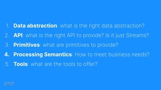 1. Data abstraction: what is the right data abstraction?
2. API: what is the right API to provide? Is it just Streams?
3. Primitives: what are primitives to provide?
4. Processing Semantics: How to meet business needs?
5. Tools: what are the tools to offer?
 