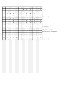 X
X Yes 1wk X
X
X X X X X X 1wk X
X X 1wk X
3cla X $20	punch	card
X X X X 1wk X
X X 1x X X
X X X 1x X X
X 1wk $25	access	pass
1x	$30,	$300	a	yr
X off	peak		times	discounted
bootcamp;	personal	training	program
yes yes yes X yes $7 yes yes
X $10p/class,	10/$80
 