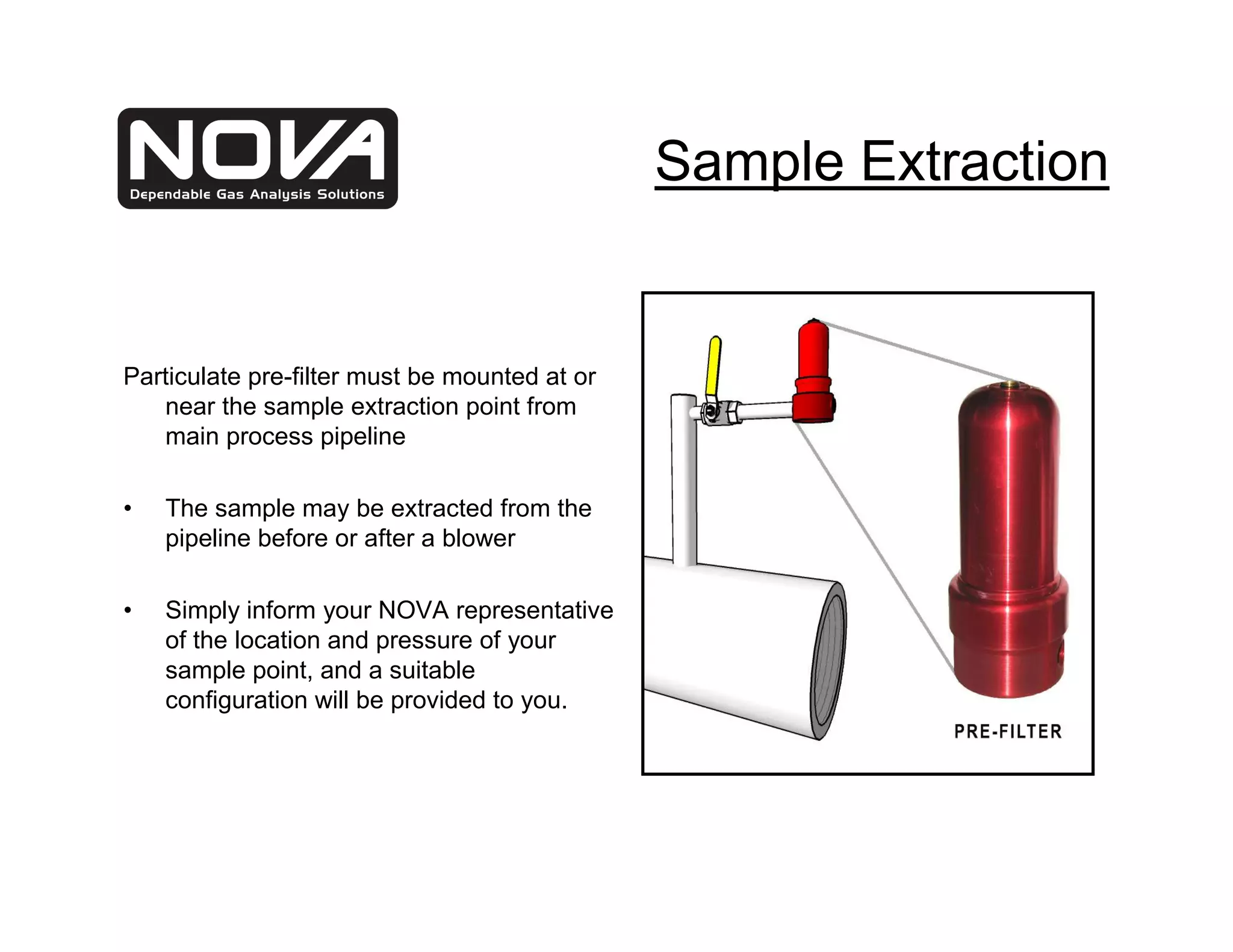 Sample Extraction


Particulate pre-filter must be mounted at or
   near the sample extraction point from
   main process pipeline

•   The sample may be extracted from the
    pipeline before or after a blower

•   Simply inform your NOVA representative
    of the location and pressure of your
    sample point, and a suitable
    configuration will be provided to you.
 