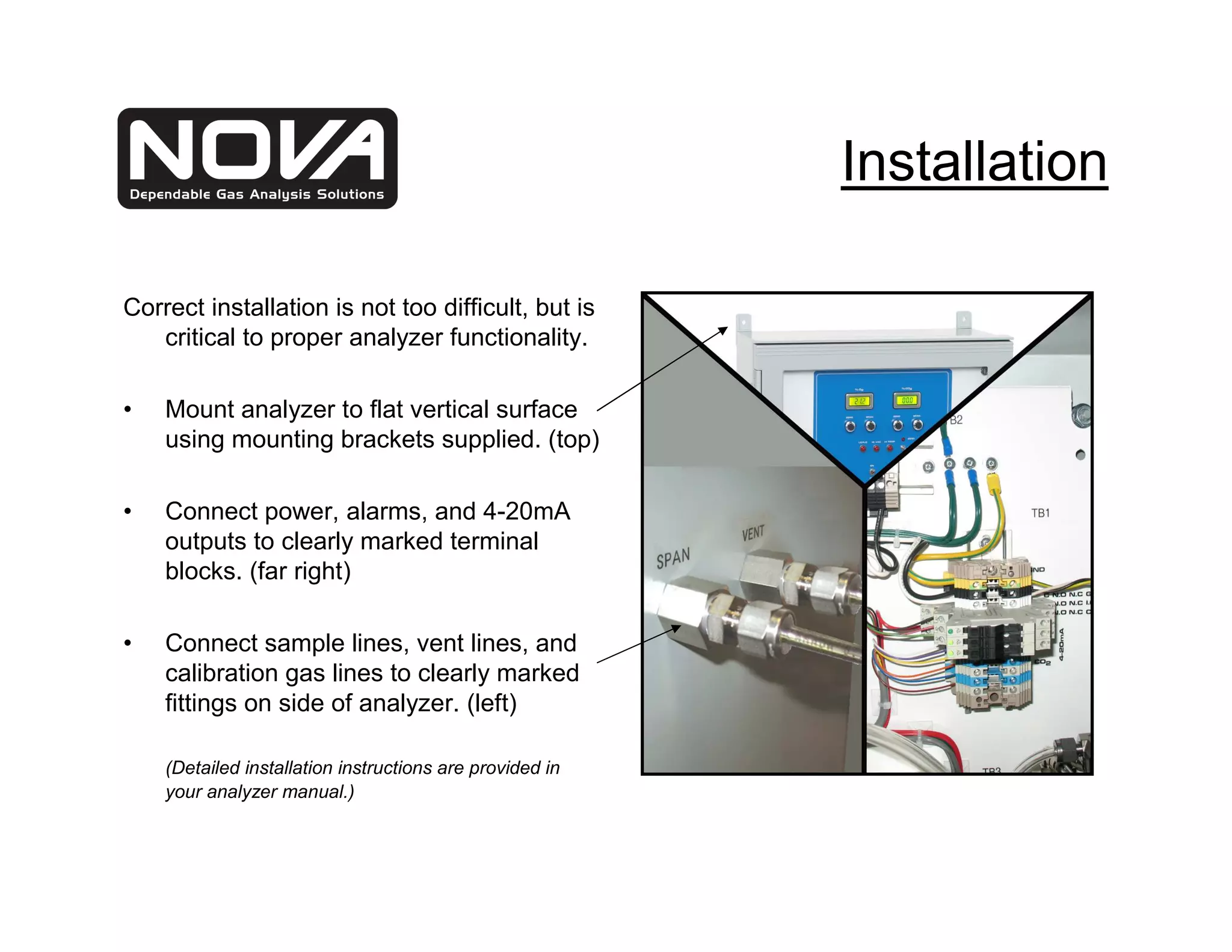 Installation

Correct installation is not too difficult, but is
   critical to proper analyzer functionality.

•   Mount analyzer to flat vertical surface
    using mounting brackets supplied. (top)

•   Connect power, alarms, and 4-20mA
    outputs to clearly marked terminal
    blocks. (far right)

•   Connect sample lines, vent lines, and
    calibration gas lines to clearly marked
    fittings on side of analyzer. (left)

    (Detailed installation instructions are provided in
    your analyzer manual.)
 