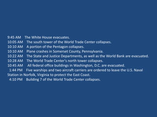 9:45 AM The White House evacuates.
10:05 AM The south tower of the World Trade Center collapses.
10:10 AM A portion of the Pentagon collapses.
10:10 AM Plane crashes in Somerset County, Pennsylvania.
10:22 AM The State and Justice Departments, as well as the World Bank are evacuated.
10:28 AM The World Trade Center's north tower collapses.
10:45 AM All federal office buildings in Washington, D.C. are evacuated.
1:44 PM Five warships and two aircraft carriers are ordered to leave the U.S. Naval
Station in Norfolk, Virginia to protect the East Coast.
4:10 PM Building 7 of the World Trade Center collapses.

 