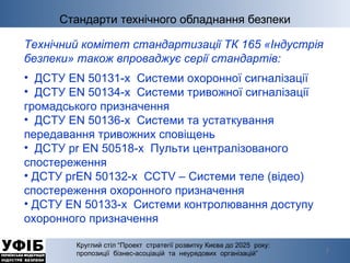 Стандарти технічного обладнання безпеки Круглий стіл “Проект  стратегії розвитку Києва до 2025  року:  пропозиції  бізнес-асоціацій  та  неурядових  організацій” Технічний комітет стандартизації ТК 165 «Індустрія безпеки» також впроваджує серії стандартів: ДСТУ EN 50131 -x  Системи охоронної сигналізації ДСТУ  EN  50134 -x   Системи тривожної сигналізації громадського призначення ДСТУ EN 50136- x   Системи та устаткування передавання тривожних сповіщень ДСТУ pr EN 50518- x   Пульти централізованого спостереження ДСТУ prEN 50132- x   CCTV  –  Системи теле (відео) спостереження охоронного призначення   ДСТУ EN 50133- x   Системи контролювання доступу охоронного призначення   