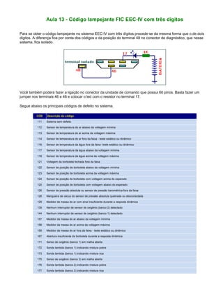 Aula 13 - Código lampejante FIC EEC-IV com três dígitos
Para se obter o código lampejante no sistema EEC-IV com três dígitos procede-se da mesma forma que o de dois
dígitos. A diferença fica por conta dos códigos e da posição do terminal 48 no conector de diagnóstico, que nesse
sistema, fica isolado.
Você também poderá fazer a ligação no conector da unidade de comando que possui 60 pinos. Basta fazer um
jumper nos terminais 46 e 48 e colocar o led com o resistor no terminal 17.
Segue abaixo os principais códigos de defeito no sistema.
COD Descrição do código
111 Sistema sem defeito
112 Sensor de temperatura do ar abaixo da voltagem mínima
113 Sensor de temperatura do ar acima da voltagem máxima
114 Sensor de temperatura do ar fora da faixa - teste estático ou dinâmico
116 Sensor de temperatura da água fora da faixa- teste estático ou dinâmico
117 Sensor de temperatura da água abaixo da voltagem mínima
118 Sensor de temperatura da água acima da voltagem máxima
121 Voltagem da borboleta fechada fora da faixa
122 Sensor de posição de borboleta abaixo da voltagem mínima
123 Sensor de posição de borboleta acima da voltagem máxima
124 Sensor de posição de borboleta com voltagem acima do esperado
125 Sensor de posição de borboleta com voltagem abaixo do esperado
126 Sensor de pressão absoluta ou sensor de pressão barométrica fora da faixa
128 Mangueira de vácuo do sensor de pressão absoluta quebrada ou desconectada
129 Medidor de massa de ar com sinal insuficiente durante a resposta dinâmica
139 Nenhum interruptor de sensor de oxigênio (banco 2) detectado
144 Nenhum interruptor de sensor de oxigênio (banco 1) detectado
157 Medidor da massa de ar abaixo da voltagem mínima
158 Medidor da massa de ar acima da voltagem máxima
159 Medidor da massa de ar fora da faixa - teste estático ou dinâmico
167 Abertura insuficiente da borboleta durante a resposta dinâmica
171 Senso de oxigênio (banco 1) em malha aberta
172 Sonda lambda (banco 1) indicando mistura pobre
173 Sonda lambda (banco 1) indicando mistura rica
175 Senso de oxigênio (banco 2) em malha aberta
176 Sonda lambda (banco 2) indicando mistura pobre
177 Sonda lambda (banco 2) indicando mistura rica
 