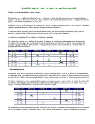 Aula 05 - Injeção banco a banco ou semi-sequencial
Sistema semi-seqüencial ou banco a banco
Nesse sistema, a injeção do combustível ocorre em blocos, ou seja, são abertas simultaneamente duas válvulas
injetoras e as outras duas ficam fechadas. Utiliza duas linhas da unidade de comando, como no método intermitente,
porém, cada linha é acionada uma de cada vez.
O método banco a banco de injeção de combustível é o mais utilizado atualmente, devido a sua eficiência satisfatória
(superior ao intermitente) e o baixo custo em relação ao método seqüencial.
A injeção somente ocorre no cilindro que estiver admitindo e o que acabou de explodir (esta fica em modo de
espera). Também utiliza o método diferenciado de injeção entre as fases fria e aquecido.
A injeção ocorre a cada 180o
de rotação da árvore de manivelas.
No método banco a banco, a unidade de comando do sistema de injeção deve saber exatamente a posição da
árvore de manivelas, para que possa injetar somente nos cilindros que estiverem admitindo e o que acabou de
explodir. A posição da árvore de manivelas é obtida por sinais elétricos provenientes de um sensor de PMS ou
posição da árvore de manivelas.
Virabrequim Cilindro 1 Cilindro 2 Cilindro 3 Cilindro 4 Comando
0 - 180o
{ } 0 - 90o
180 - 360o
{ } 90 - 180o
360 - 540o
{ } 180 - 270o
540 - 720o
{ } 270 - 360o
720 - 900o
{ } 350 - 450o
900 - 1080o
{ } 450 - 540o
:: Sistema seqüencial
Para adotar esse método de injeção, a unidade de comando além de saber a posição da árvore de manivelas ainda
é necessário saber o que cada cilindro está fazendo. Para isso, utiliza-se um sensor de fase que determina quando o
primeiro cilindro está em fase de explosão. Daí por diante, o sistema somente injeta no cilindro que estiver admitindo.
O método seqüencial é o mais preciso de todos, porém, mais caro devido ao maior número de saídas de controle da
unidade de comando (4 independentes). Não há perdas no sistema por condensação do combustível, pois, a cada
injeção o cilindro já admite a mistura, não havendo o modo de espera.
Virabrequim Cilindro 1 Cilindro 2 Cilindro 3 Cilindro 4 Comando
0 - 180o
{ } 0 - 90o
180 - 360o
{ } 90 - 180o
360 - 540o
{ } 180 - 270o
540 - 720o
{ } 270 - 360o
720 - 900o
{ } 350 - 450o
900 - 1080o
{ } 450 - 540o
Os sistemas de comando sequencial podem, em função de sua própria estratégia, comandarem as válvulas injetoras
de forma defasada, ou seja, comandar a abertura das válvulas antes mesmo da abertura da válvula de admissão.
 