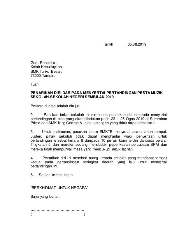 Contoh Surat Prnarikan Diri Daripada Latihan Industri