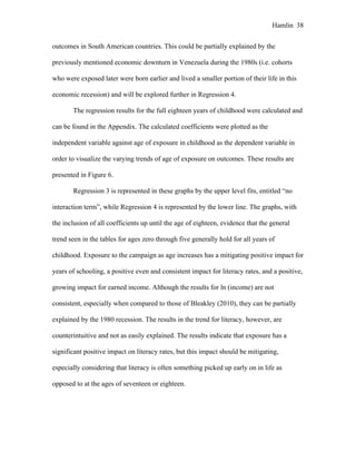 Hamlin 38
outcomes in South American countries. This could be partially explained by the
previously mentioned economic downturn in Venezuela during the 1980s (i.e. cohorts
who were exposed later were born earlier and lived a smaller portion of their life in this
economic recession) and will be explored further in Regression 4.
The regression results for the full eighteen years of childhood were calculated and
can be found in the Appendix. The calculated coefficients were plotted as the
independent variable against age of exposure in childhood as the dependent variable in
order to visualize the varying trends of age of exposure on outcomes. These results are
presented in Figure 6.
Regression 3 is represented in these graphs by the upper level fits, entitled “no
interaction term”, while Regression 4 is represented by the lower line. The graphs, with
the inclusion of all coefficients up until the age of eighteen, evidence that the general
trend seen in the tables for ages zero through five generally hold for all years of
childhood. Exposure to the campaign as age increases has a mitigating positive impact for
years of schooling, a positive even and consistent impact for literacy rates, and a positive,
growing impact for earned income. Although the results for ln (income) are not
consistent, especially when compared to those of Bleakley (2010), they can be partially
explained by the 1980 recession. The results in the trend for literacy, however, are
counterintuitive and not as easily explained. The results indicate that exposure has a
significant positive impact on literacy rates, but this impact should be mitigating,
especially considering that literacy is often something picked up early on in life as
opposed to at the ages of seventeen or eighteen.
 