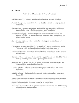 Hamlin 53
APPENDIX
Part A. Control Variables for the Venezuelan Sample
Access to Electricity – indicates whether the household had access to electricity.
Access to Sewage – indicates whether the household has access to a sewage system or
septic tank.
Access to Toilet – indicates whether the household had access to a toilet and, in most
cases, whether it was a flush toilet or other type of installation.
Access to Water Supply – describes the physical means by which the housing unit
receives its water. The primary distinction is whether or not the household had
piped (running) water.
Age – gives age in years as of the person’s last birthday prior to or on the day of
enumeration.
Current States of Residence – identifies the household’s state or capital district within
Venezuela, which are the major administrative levels of the country.
Employment Disability – indicates if the respondent was economically inactive because
of disabilities.
Employment Status – indicates whether or not the respondent was part of the labor force –
working or seeking work – over a specified period of time.
Hours Worked Per Week – indicates the number of hours the respondent worked per
week at all jobs, categorized into intervals.
Location of Father – indicates whether or not the person’s father lived in the same
household
Location of Mother – indicates whether or not the person’s mother lived in the same
household
Marital Status- describes the person’s current marital status according to law or custom.
Nativity- indicates whether the person was native- or foreign-born.
Number of Children in Household – provides a count of the person’s own children living
in the household with her or him.
 