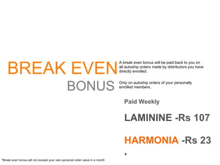 BREAK EVEN BONUS A break even bonus will be paid back to you on all autoship orders made by distributors you have directly enrolled. Only on autoship orders of your personally enrolled members. Paid Weekly LAMININE  -Rs 107 HARMONIA  -Rs 23 . *Break even bonus will not exceed your own personal order value in a month 