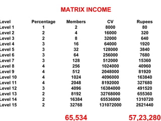 Level Percentage Members CV Rupees Level 1 1 2 8000 80 Level 2 2 4 16000 320 Level 3 2 8 32000 640 Level 4 3 16 64000 1920 Level 5 3 32 128000 3840 Level 6 3 64 256000 7680 Level 7 3 128 512000 15360 Level 8 4 256 1024000 40960 Level 9 4 512 2048000 81920 Level 10 4 1024 4096000 163840 Level 11 4 2048 8192000 327680 Level 12 3 4096 16384000 491520 Level 13 2 8192 32768000 655360 Level 14 2 16384 65536000 1310720 Level 15 2 32768 131072000 2621440 65,534 57,23,280 MATRIX INCOME  
