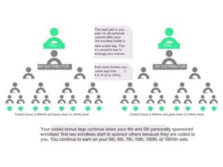 The best part is you earn on all personal volume after your 3rd enrollee builds a YOU new coded leg. This YOU is a powerful way to leverage your income. 4th DISTRIBUTOR Each level doubles your 5th DISTRIBUTOR coded legs from 2, 4,8,16,32 to infinity. 1 ST 2 ND 1 ST 2 ND 1 ST 2 ND 1 ST 2 ND 1 ST 2 ND 1 ST 2 ND 1 ST 2 ND 1 ST 2 ND 1 ST 2 ND 1 ST 2 ND 1 ST 2 ND 1 ST 2 ND 1 ST 2 ND 1 ST 2 ND Coded bonus is lifetime and goes down to infinity level Coded bonus is lifetime and goes down to infinity level Your coded bonus legs continue when your 4th and 5th personally sponsored enrollees’ first two enrollees start to sponsor others because they are coded to you. You continue to earn on your 5th, 6th, 7th, 10th, 100th, or 1000th sale. 