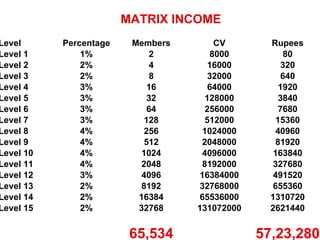 Level Percentage Members CV Rupees Level 1 1% 2 8000 80 Level 2 2% 4 16000 320 Level 3 2% 8 32000 640 Level 4 3% 16 64000 1920 Level 5 3% 32 128000 3840 Level 6 3% 64 256000 7680 Level 7 3% 128 512000 15360 Level 8 4% 256 1024000 40960 Level 9 4% 512 2048000 81920 Level 10 4% 1024 4096000 163840 Level 11 4% 2048 8192000 327680 Level 12 3% 4096 16384000 491520 Level 13 2% 8192 32768000 655360 Level 14 2% 16384 65536000 1310720 Level 15 2% 32768 131072000 2621440 65,534 57,23,280 MATRIX INCOME  