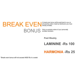 BREAK EVEN BONUS A break even bonus will be paid back to you on all autoship orders made by distributors you have directly enrolled. Only on autoship orders of your personally enrolled members. Paid Weekly LAMININE  -Rs 100 HARMONIA  -Rs 25 *Break even bonus will not exceed 4600 Rs in a week  