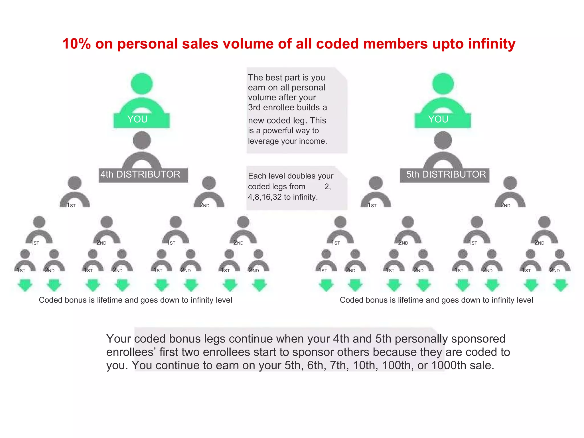 The best part is you earn on all personal volume after your 3rd enrollee builds a YOU new coded leg. This YOU is a powerful way to leverage your income. 4th DISTRIBUTOR Each level doubles your 5th DISTRIBUTOR coded legs from 2, 4,8,16,32 to infinity. 1 ST 2 ND 1 ST 2 ND 1 ST 2 ND 1 ST 2 ND 1 ST 2 ND 1 ST 2 ND 1 ST 2 ND 1 ST 2 ND 1 ST 2 ND 1 ST 2 ND 1 ST 2 ND 1 ST 2 ND 1 ST 2 ND 1 ST 2 ND Coded bonus is lifetime and goes down to infinity level Coded bonus is lifetime and goes down to infinity level Your coded bonus legs continue when your 4th and 5th personally sponsored enrollees’ first two enrollees start to sponsor others because they are coded to you. You continue to earn on your 5th, 6th, 7th, 10th, 100th, or 1000th sale. 10% on personal sales volume of all coded members upto infinity 