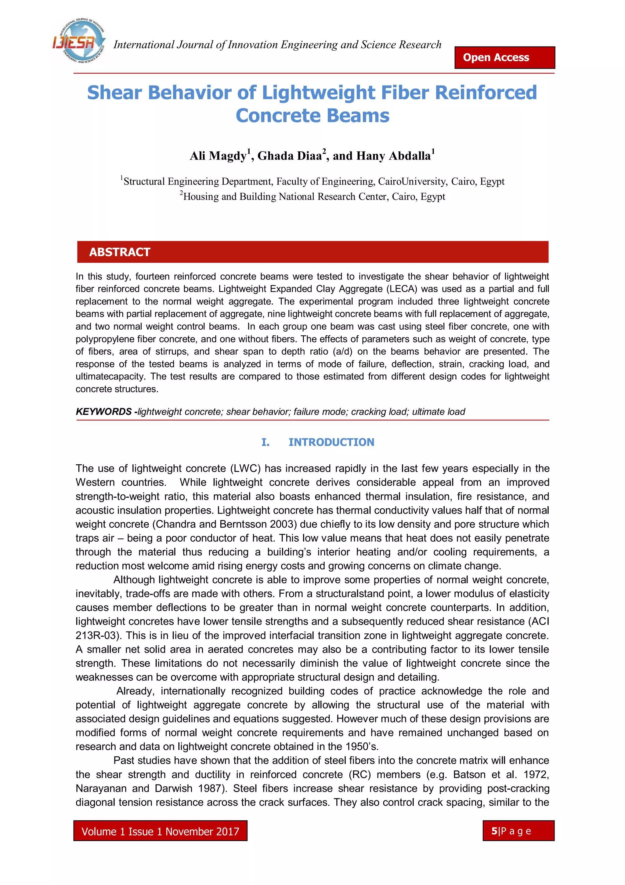 Shear Behavior of Lightweight Fiber Reinforced Concrete Beams | PDF