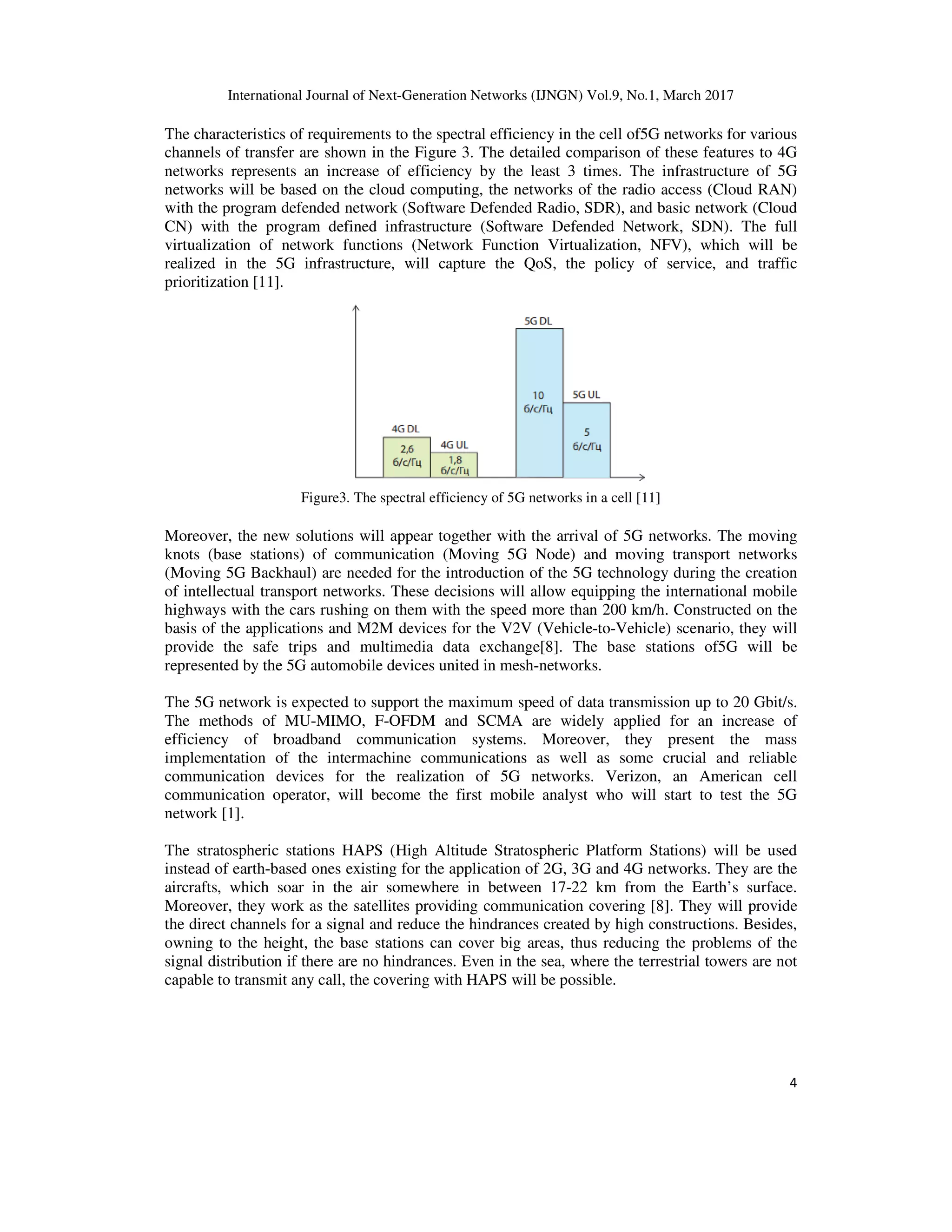 International Journal of Next-Generation Networks (IJNGN) Vol.9, No.1, March 2017
4
The characteristics of requirements to the spectral efficiency in the cell of5G networks for various
channels of transfer are shown in the Figure 3. The detailed comparison of these features to 4G
networks represents an increase of efficiency by the least 3 times. The infrastructure of 5G
networks will be based on the cloud computing, the networks of the radio access (Cloud RAN)
with the program defended network (Software Defended Radio, SDR), and basic network (Cloud
CN) with the program defined infrastructure (Software Defended Network, SDN). The full
virtualization of network functions (Network Function Virtualization, NFV), which will be
realized in the 5G infrastructure, will capture the QoS, the policy of service, and traffic
prioritization [11].
Figure3. The spectral efficiency of 5G networks in a cell [11]
Moreover, the new solutions will appear together with the arrival of 5G networks. The moving
knots (base stations) of communication (Moving 5G Node) and moving transport networks
(Moving 5G Backhaul) are needed for the introduction of the 5G technology during the creation
of intellectual transport networks. These decisions will allow equipping the international mobile
highways with the cars rushing on them with the speed more than 200 km/h. Constructed on the
basis of the applications and M2M devices for the V2V (Vehicle-to-Vehicle) scenario, they will
provide the safe trips and multimedia data exchange[8]. The base stations of5G will be
represented by the 5G automobile devices united in mesh-networks.
The 5G network is expected to support the maximum speed of data transmission up to 20 Gbit/s.
The methods of MU-MIMO, F-OFDM and SCMA are widely applied for an increase of
efficiency of broadband communication systems. Moreover, they present the mass
implementation of the intermachine communications as well as some crucial and reliable
communication devices for the realization of 5G networks. Verizon, an American cell
communication operator, will become the first mobile analyst who will start to test the 5G
network [1].
The stratospheric stations HAPS (High Altitude Stratospheric Platform Stations) will be used
instead of earth-based ones existing for the application of 2G, 3G and 4G networks. They are the
aircrafts, which soar in the air somewhere in between 17-22 km from the Earth’s surface.
Moreover, they work as the satellites providing communication covering [8]. They will provide
the direct channels for a signal and reduce the hindrances created by high constructions. Besides,
owning to the height, the base stations can cover big areas, thus reducing the problems of the
signal distribution if there are no hindrances. Even in the sea, where the terrestrial towers are not
capable to transmit any call, the covering with HAPS will be possible.
 