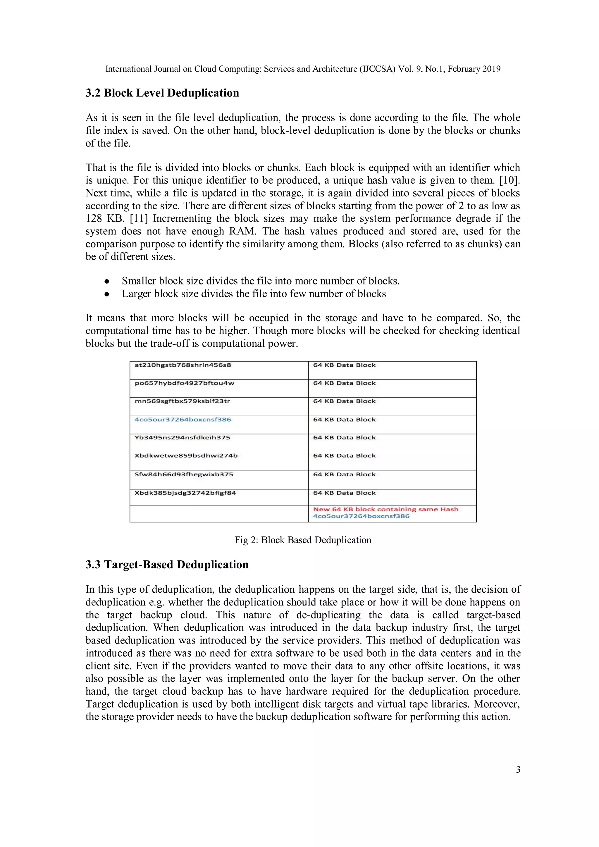 International Journal on Cloud Computing: Services and Architecture (IJCCSA) Vol. 9, No.1, February 2019
3
3.2 Block Level Deduplication
As it is seen in the file level deduplication, the process is done according to the file. The whole
file index is saved. On the other hand, block-level deduplication is done by the blocks or chunks
of the file.
That is the file is divided into blocks or chunks. Each block is equipped with an identifier which
is unique. For this unique identifier to be produced, a unique hash value is given to them. [10].
Next time, while a file is updated in the storage, it is again divided into several pieces of blocks
according to the size. There are different sizes of blocks starting from the power of 2 to as low as
128 KB. [11] Incrementing the block sizes may make the system performance degrade if the
system does not have enough RAM. The hash values produced and stored are, used for the
comparison purpose to identify the similarity among them. Blocks (also referred to as chunks) can
be of different sizes.
● Smaller block size divides the file into more number of blocks.
● Larger block size divides the file into few number of blocks
It means that more blocks will be occupied in the storage and have to be compared. So, the
computational time has to be higher. Though more blocks will be checked for checking identical
blocks but the trade-off is computational power.
Fig 2: Block Based Deduplication
3.3 Target-Based Deduplication
In this type of deduplication, the deduplication happens on the target side, that is, the decision of
deduplication e.g. whether the deduplication should take place or how it will be done happens on
the target backup cloud. This nature of de-duplicating the data is called target-based
deduplication. When deduplication was introduced in the data backup industry first, the target
based deduplication was introduced by the service providers. This method of deduplication was
introduced as there was no need for extra software to be used both in the data centers and in the
client site. Even if the providers wanted to move their data to any other offsite locations, it was
also possible as the layer was implemented onto the layer for the backup server. On the other
hand, the target cloud backup has to have hardware required for the deduplication procedure.
Target deduplication is used by both intelligent disk targets and virtual tape libraries. Moreover,
the storage provider needs to have the backup deduplication software for performing this action.
 