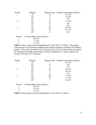 Round Dilution Plaque Count Sample Concentration (pfu/µL)
1 109
32 3.2×109
1010
2 2.0×109
1011
0 0.0
2 109
13 1.3×109
1010
0 0.0
1011
0 0.0
3 108
90 9.0×108
109
13 1.3×109
1010
0 0.0
Round Average Plaque Count (pfu/µL)
1 2.6×109
2 1.3×109
3 1.1×109
Table 1: Three rounds of Serial Amplification 1 of the Ph. D.-12 library. The sample
concentrations were found by multiplying the number of plaques counted by the dilution
number. This is then divided by ten to account for the 10 µL of solution that were plated.
For example, the sample concentration of Serial Amplification 1 round 1 dilution 9 is
(32 pfu×109
)/10µL=3.2×109
pfu/µL.
Round Dilution Plaque Count Sample Concentration (pfu/µL)
1 109
3 3.0×108
1010
0 0.0
1011
0 0.0
2 109
30 3.0×109
1010
2 2.0×109
1011
0 0.0
3 108
165 1.7×109
109
17 1.7×109
1010
1 1.0×109
Round Average Plaque Count (pfu/µL)
1 3.0×108
2 2.5×109
3 1.5×109
Table 2: Three rounds of Serial Amplification 2 of the Ph. D.-12 library.
21
 