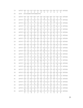 19 ACTCT TAT CCG CCT CGT GCG TGG GAT ACG CCG CAT CCT CAT GGTGGA
Y P P R A W D T P H P H
20 ACTC GGCCGAAACTGTTGAAAGTTG
21 ACTCT TTT CAT TTT GAT CTT CAT CAG AAG AAT CCT TAT CAG GGTGGN
F H F D L H Q K N P Y Q
22 ACTCT CAT AAT CCT ATG TCT CGT TTG CAT ATG AAT TAT TCT GGTGGA
H N P M S R L H M N Y S
23 ACTCT AAG CCG CCT CCT CAG ACT CCG CAG GCG CTT GAG GGG GGTGGA
K P P P Q T P Q A L E G
24 ACTCT TCT GCT CAG GAT TCT GGG TTT GTT CCG TTT ACG CCG GGTGGA
S A Q D S G F V P F T P
25 ACTCT GAT TCG GTT GAG ATG GCT CCG CAT ACT CGG CAG CAT GGTGGA
D S V E M A P H T R Q H
26 ACTCT AAT GCT CAT CAG TCT CAT AGG CTG CAT ACT CAT CTG GGTGGA
N A H Q S H R L H T H L
27 ACTCT AAT GCT CAT CAG TCT CAT AGG CTG CAT ACT CAT CTG GGTGGA
N A H Q S H R L H T H P
28 ACTCT CTT CCT AGT GCG AAG CTG CCT CCG GGT CCT CCG AAG GGTGGA
L P S A K L P P G P P K
29 ACTCT TCT ATT CCT CCT TCT CGG GAT CAG CCT TCG CAT AAG GGTGGA
S I P P S R D Q P S H K
30 ACTCT GAT AAT GCG AAT TCT AGT ATT CGG TCG CAG ACG TAT GGTGGA
D N A N S S I R S Q T Y
31 ACTCT GAT CCG CTT ACT TAT GCT ATG ACG CGT ACT ATT AAG GGTGGA
D P L T Y A M T R T I K
32 ACTCT TAT CAG ACG ACG ATT ATT AAT ACG GCT GAT CGT TTT GGTGGA
Y Q T T I I N T A D R F
33 ACTCT ACG ACT TCT CTG GCT AGG CCT CAT TAT TTG AAT GAG GGTGGA
T T S L A R P H Y L N E
34 ACTCT TCT CTT TCG CAT CCG AAT GCG TTT AAT TCT GAG TCT GGTGGA
S L S H P N A F N S E S
35 ACTCT TAT TCG CCG GCT AGT AAG AGT CCT GTT CCT TCG CTG GGTGGA
Y S P A M K S P V P S L
36 ACTCT TGG AGG TTT TCT TCT CCG GAG CAT CTG GCT ATG AAG GGTGGA
W R F S S P E H L A M K
37 ACTCT GAT AGG ATG CTG CTG CCT TTT AAT CTT CTG GCG CTG GGTGGA
D R M L L P F N L L A L
38 ACTCT TCG TTT TTG CAT CCG TCG CGG AGT CTG GGT ATG ACG GGTGGA
S F L H P S R S L G M T
39 ACTCT ATT AGT AGG CCG GCG CCG ATT TCT GTG GAT ATG AAG GGTGGA
I S R P A P I S V D M K
40 ACTCT TCT CAT TCT ACA GCT TCT TCG CAG TGG CGT TTT CCG GGTGGA
S H S T A S S Q W R F P
41 ACTCT GGT CCG AGT GCG TGG TAT CCG ACG GCT TAT TCG AGG GGTGGA
Y S L P R H L V S L P P
42 ACTCT GGT CCG AGT GCG TGG TAT CCG ACG GCT TAT TCG AGG GGTGGA
G P S A W Y P T A Y S R
43 ACTCT ACT ATG TCT CCT AAT CCT ACT TCT AGG CAG CTT CCG GGTGGA
T M S P N P T S R Q L P
44 ACTCT ATG AGG GAG GAT ATT TTG CTG CAT ACG GAT GTG GGG GGTGGA
M R E D I L L H T D V G
45 ACTCT GAT CTG AAT TAT TTT ACG CTG TCT TCT AAG CGG GAG GGTGGA
D L N Y F T L S S K R E
23
 
