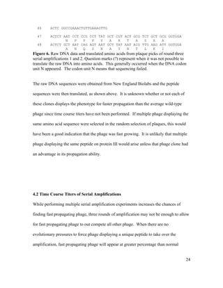 46 ACTC GGCCGAAACTGTTGAAAGTTG
47 ACTCT AAT CCT CCG CCT TAT GCT CGT ACT GCG TCT GCT GCG GGTGGA
N P P P Y A R T A S A A
48 ACTCT GCT AAT CAG AGT AAT GCT TAT AAT ACG TTG AAG ATT GGTGGA
A N Q S N A Y N T L K I
Figure 6. Raw DNA data and translated amino acids from plaque picks of round three
serial amplifications 1 and 2. Question marks (?) represent when it was not possible to
translate the raw DNA into amino acids. This generally occurred when the DNA codon
unit N appeared. The codon unit N means that sequencing failed.
The raw DNA sequences were obtained from New England Biolabs and the peptide
sequences were then translated, as shown above. It is unknown whether or not each of
these clones displays the phenotype for faster propagation than the average wild-type
phage since time course titers have not been performed. If multiple phage displaying the
same amino acid sequence were selected in the random selection of plaques, this would
have been a good indication that the phage was fast growing. It is unlikely that multiple
phage displaying the same peptide on protein III would arise unless that phage clone had
an advantage in its propagation ability.
4.2 Time Course Titers of Serial Amplifications
While performing multiple serial amplification experiments increases the chances of
finding fast propagating phage, three rounds of amplification may not be enough to allow
for fast propagating phage to out compete all other phage. When there are no
evolutionary pressures to force phage displaying a unique peptide to take over the
amplification, fast propagating phage will appear at greater percentage than normal
24
 