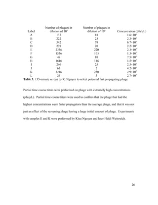 Label
Number of plaques in
dilution of 105
Number of plaques in
dilution of 106
Concentration (pfu/μL)
A 137 18 1.6×106
B 222 23 2.3×106
C 542 79 6.7×106
D 239 20 2.2×106
E 2336 220 2.3×107
F 1536 103 1.3×107
G 49 10 7.5×105
H 1616 146 1.5×107
I 240 25 2.5×106
J 63 2 4.2×105
K 3216 250 2.9×107
L 24 3 2.7×105
Table 3: 135-minute screen by K. Nguyen to select potential fast propagating phage
Partial time course titers were performed on phage with extremely high concentrations
(pfu/µL). Partial time course titers were used to confirm that the phage that had the
highest concentrations were faster propagators than the average phage, and that it was not
just an effect of the screening phage having a large initial amount of phage. Experiments
with samples E and K were performed by Kieu Nguyen and later Heidi Weinreich.
26
 