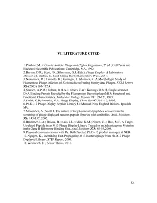 VI. LITERATURE CITED
1. Ptashne, M. A Genetic Switch; Phage and Higher Organisms, 2nd
ed.; Cell Press and
Blackwell Scientific Publications: Cambridge, MA, 1992.
2. Burton, D.R.; Scott, J.K.;Silverman, G.J. (Eds.). Phage Display: A Laboratory
Manual, ed. Barbas, C.; Cold Spring Harbor Laboratory Press, 2001.
3. Nakamura, M.; Tsumoto, K.; Kumagai, I.; Ishimura, K. A Morphologic Study of
Filamentous Phage Infection of Escherichia coli using biotinylated Phages. FEBS Letters
536 (2003) 167-172.4.
4. Stassen, A.P.M.; Folmer, R.H.A.; Hilbers, C.W.; Konings, R.N.H. Single-stranded
DNA Binding Protein Encoded by the Filamentous Bacteriophage M13: Structural and
Functional Characteristics. Molecular Biology Reports 20:109-127, 1995.
5. Smith, G.P; Petrenko, V.A. Phage Display, Chem Rev 97,391-410, 1997.
6. Ph.D.-12 Phage Display Peptide Library Kit Manual, New England Biolabs, Ipswich,
MA.
7. Menendez, A.; Scott, J. The nature of target-unrelated peptides recovered in the
screening of phage-displayed random peptide libraries with antibodies. Anal. Biochem.
336, 145-157, 2005.
8. Brammer, L.A.; Bolduc, B.; Kass, J.L.; Felice, K.M.; Noren, C.J.; Hall, M.F. A Target-
Unrelated Peptide in an M13 Phage Display Library Traced to an Advantageous Mutation
in the Gene II Ribosome-Binding Site. Anal. Biochem 373: 88-98, 2008.
9. Personal communications with Dr. Beth Paschal, Ph.D.-12 product manager at NEB.
10. Nguyen, K., Identifying Fast-Propagating M13 Bacteriophage from Ph.D.-7 Phage
Displayed Library, STEP Report, 2009.
11. Weinreich, H., Senior Thesis, 2010.
32
 