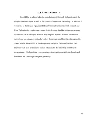 ACKNOWLEDGEMENTS
I would like to acknowledge the contributions of Stonehill College towards the
completion of this thesis, as well as the Research Corporation for funding. In addition, I
would like to thank Kieu Nguyen and Heidi Weinreich for their aid with research and
Evan Tallmadge for reading many, many drafts. I would also like to thank our primary
collaborator, Dr. Christopher Noren at New England Biolabs. Without his material
support and knowledge of molecular biology this project would not have been possible.
Above all else, I would like to thank my research advisor, Professor Marilena Hall.
Professor Hall is an inspirational woman who handles the laboratory and life with
apparent ease. She has shown extreme patience in correcting my disjointed drafts and
has shared her knowledge with great generosity.
vi
 
