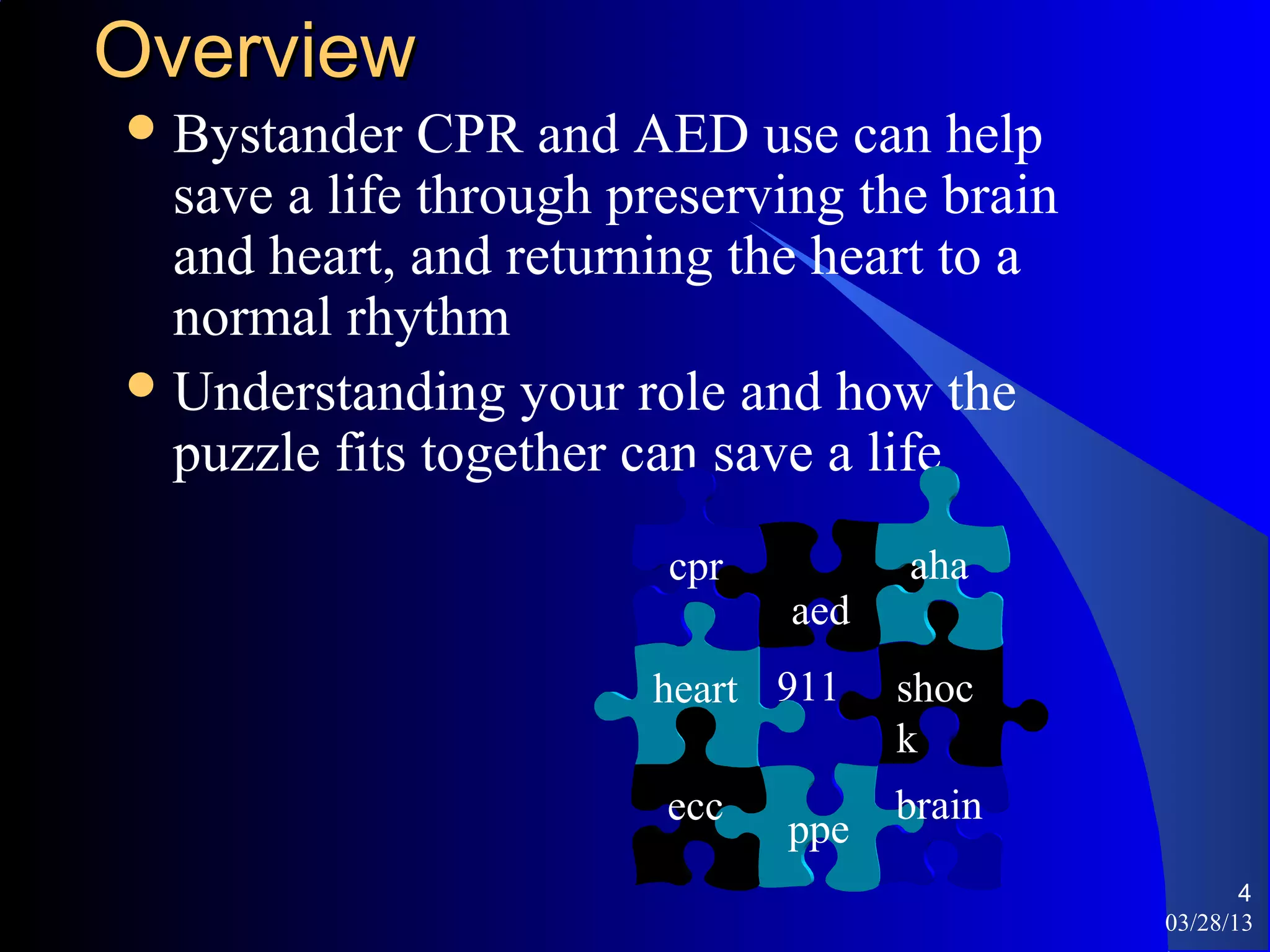 Overview
 Bystander   CPR and AED use can help
  save a life through preserving the brain
  and heart, and returning the heart to a
  normal rhythm
 Understanding your role and how the
  puzzle fits together can save a life
                        cpr         aha
                              aed
                       heart 911    shoc
                                    k
                        ecc         brain
                              ppe
                                                    4
                                             03/28/13
 