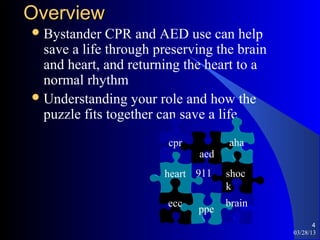 Overview
 Bystander   CPR and AED use can help
  save a life through preserving the brain
  and heart, and returning the heart to a
  normal rhythm
 Understanding your role and how the
  puzzle fits together can save a life
                        cpr         aha
                              aed
                       heart 911    shoc
                                    k
                        ecc         brain
                              ppe
                                                    4
                                             03/28/13
 
