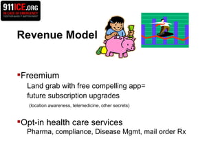 Revenue Model Freemium  Land grab with free compelling app=  future subscription upgrades (location awareness, telemedicine, other secrets) Opt-in health care services Pharma, compliance, Disease Mgmt, mail order Rx 