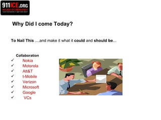 Why Did I come Today? To Nail This  ....and make it what it  could  and  should be ... Collaboration Nokia Motorola Att&T t-Mobile Verizon Microsoft Google VCs 