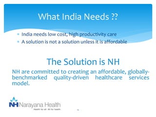 What India Needs ?? 
 India needs low cost, high productivity care 
 A solution is not a solution unless it is affordable 
The Solution is NH 
NH are committed to creating an affordable, globally-benchmarked 
quality-driven healthcare services 
12 
model. 
a 
 