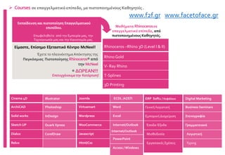 Rhinoceros –Rhino 3D (Level I & II)
Rhino Gold
V- Ray Rhino
T-Splines
3D Printing
Έχετε το πλεονέκτημαΑπόκτησης της
Παγκόσμιας Πιστοποίησης Rhinoceros® από
την McNeel
® ΔΩΡΕΑΝ!!!
Εκπαίδευση και πιστοποίηση Επαγγελματικού
επιπέδου.
Επωφεληθείτε από την Εμπειρία μας, την
Τεχνογνωσία μας και την Καινοτομία μας.
Είμαστε, Επίσημο Εξεταστικό Κέντρο McNeel!
 Courses σε επαγγελματικό επίπεδο, με πιστοποιημένους Καθηγητές .
Επιτυγχάνουμετην Κατάρτιση!
Μαθήματα Rhinocerosσε
επαγγελματικό επίπεδο, από
πιστοποιημένους Καθηγητές.
Cinema 4D
ArchiCAD
Solid works
Sketch UP
Dialux
Relux
Illustrator
Photoshop
InDesign
Quark Xpress
CorelDraw
Joomla
Virtuemart
Wordpress
WooCommerce
Javascript
Html/Css
ECDL /ΑΣΕΠ
Word
Excel
Internet/Outlook
Internet/Outlook
PowerPoint
Access / Windows
ERP Soft1 / Κεφάλαιο
Γενική Λογιστική
Εμπορική Διαχείριση
Έσοδα-Έξοδα
Μισθοδοσία
Εργασιακές Σχέσεις
Digital Marketing
Business Seminars
Στενογραφία
Γραμματειακά
Λογιστική
Typing
www.f2f.gr www.facetoface.gr
 