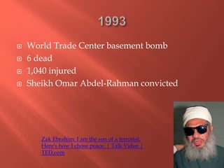  World Trade Center basement bomb
 6 dead
 1,040 injured
 Sheikh Omar Abdel-Rahman convicted
Zak Ebrahim: I am the son of a terrorist.
Here's how I chose peace. | Talk Video |
TED.com
 