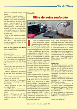 L’Itinérant n° 912 — Du lundi 14 mai 2012 • XVII
Val-de-Marne
ligne 7 La Courneuve-Villejuif louis
Aragon.
• Rationaliser l’usage de la voiture
Afin de diversifier les modes de dépla-
cement, L’Ador a mis en place une cen-
trale de co-voiturage accessible gratui-
tement à tous les salariés du pôle
http://covoiturage.ador94.com/ Parallè-
lement, un service d’auto-partage per-
mettant la location de voitures pour de
courtes durées a été mis en place pour
les salariés des entreprises implantées
sur le Parc Silic.
• Mettre en place des services complé-
mentaires
L’Ador poursuit sa démarche en simpli-
fiant l’accès à l’information, notam-
ment au travers de la création de son
portail de mobilité.
Rens. sur http://mobilite.ador94.com
et sur www.ador94.com
À propos de l’Ador
Créée en 2002 pour valoriser le pôle
d’Orly-Rungis et renforcer son attracti-
vité, l’Association pour le Développe-
ment économique du pôle Orly-Rungis
fédère les six grands opérateurs du
pôle:
• Aéroports de Paris, gestionnaire déve-
loppeur de la plate-forme aéropor-
tuaire Paris-Orly;
• Semmaris, aménageur et gestionnaire
du Marché d’Intérêt National de Run-
gis;
• Silic-Socomie, propriétaire et gestion-
naire du Parc Tertiaire Silic;
• Sogaris, aménageur et gestionnaire
de la plate-forme logistique multimo-
dale Sogaris;
• Ségécé, gestionnaire du centre com-
mercial Belle Épine;
• Altaréa-Cogédim, propriétaire et ges-
tionnaire du centre commercial Thiais
Village.
Occupant 2000 hectares du pôle Orly-
Rungis, ces 6 membres comptent 3000
entreprises générant au total 69000
emplois.
L
’offre de soin à Villejuif sera
renforcée pour mieux répondre
aux engagements municipaux
en matière de prévention et de
santé.Ainsi,uncinquièmecabinetdentaire
va être aménagé pour la prochaine rentrée
scolaire: investissement, 40000 euros,
dont la moitié pour le fauteuil, le reste ser-
vant à l’équipement des locaux.Actuelle-
ment, les nouveaux patients qui appellent
pour un premier rendez-vous doivent rap-
peler… en septembre, où ils seront placés
sur une liste d’attente, le centre n’étant pas
uncentred’urgences.Prèsde9000consul-
tations sont assurées par an. Sept dentistes
se relaient. Avec ce nouveau cabinet ce
sont deux chirurgiens-dentistes et deux
assistantes dentaires qui rejoindront
l’équipe.
Nouvel arrivant également, un psychiatre.
Confronté comme toutes les structures de
soins à des problèmes de recrutement, le
CMS Pierre-Rouquès en cherchait un
depuis 2010. À l’occasion de portes
ouvertes au CMS, l’idée originale d’une
mise à disposition d’un praticien hospita-
lier a germé. Dès le 1er
juin, un praticien à
temps plein sur la ville assurera les mis-
sionsdepédopsychiatreauCentremédico-
psycho-pédagogique (CMPP) * et de psy-
chiatre au CMS en secteur 1 (le tarif
conventionnel de la Sécurité sociale). Le
CMPP dépend désormais de la Direction
de la santé de Villejuif.
* Les Centres médico-psycho-pédago-
giques sont des services médico-sociaux
assurant des consultations, des diagnostics
et des soins ambulatoires pour des enfants
et adolescents de 0 à 20 ans. Ils sont fré-
quemmentconsultésenpremièreintention
dans le cadre de troubles psychiques, avec
des manifestations symptomatologiques,
comportementales ou instrumentales
variées et pour lesquels il est difficile de
faire un lien avec la gravité de la patholo-
gie sous-jacente.
Chiffres clés
• 21 % des Français renoncent à consulter
unmédecindufaitdesdépassementsd’ho-
noraires; 29 % des Franciliens, 28 % des
25-34 ans 30 % des Français renoncent à
des soins dentaires; 40 % des 35-49 ans
(Baromètre des droits des malades,
mars 2011)
• En 2010, la prise en charge des soins
dentaires est assumée à 36 % par la Sécu-
rité sociale, à 38,5 % par les mutuelles et
à 25,5 % par les ménages
• Le prix d’une couronne varie de
359 euros enVendée à 606 euros à Paris;
un semestre d’orthodontie de 396 euros
dans l’Ariège à 957 euros à Paris. (Les
Échos, mars 2012)
• Le budget municipal 2012 a inscrit pour
la santé, 90000 euros d’investissement et
19000 euros de fonctionnement.
Source: Ville de Villejuif
D.R.
VILLEJUIF
Offre de soins renforcée
 