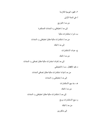 ٢-‫اﻟﻼزﻣﺔ‬ ‫اﻟﯾوﻣﯾﺔ‬ ‫اﻟﻘﯾود‬
‫أ‬-‫اﻷوﻟﻰ‬ ‫اﻟﺳﻧﺔ‬ ‫ﻓﻲ‬
‫اﻟﺗوزﯾﻊ‬ / ‫ﺣـ‬ ‫ﻣن‬
‫اﻟﻣﺳﺗﺛﻣرة‬ ‫اﻟﺳﻧدات‬ ‫رد‬ ‫اﺣﺗﯾﺎطﻲ‬ / ‫ﺣـ‬ ‫إﻟﻰ‬
‫ب‬-‫ﻣﺎﻟﯾﺔ‬ ‫إﺳﺗﺛﻣﺎرات‬ ‫ﺷراء‬
‫اﻟﺳﻧدات‬ ‫رد‬ ‫اﺣﺗﯾﺎطﻲ‬ ‫ﻣﻘﺎﺑل‬ ‫ﻣﺎﻟﯾﺔ‬ ‫اﺳﺗﺛﻣﺎرات‬ / ‫ﺣـ‬ ‫ﻣن‬
‫اﻟﺑﻧك‬ / ‫ﺣـ‬ ‫إﻟﻰ‬
‫ج‬-‫اﻻﺳﺗﺛﻣﺎرات‬ ‫ﻋواﺋد‬
‫اﻟﺑﻧك‬ / ‫ﺣـ‬ ‫ﻣن‬
‫اﻟﺳﻧدات‬ ‫رد‬ ‫إﺿﺎﻓﻲ‬ ‫ﻣﻘﺎﺑل‬ ‫ﻣﺎﻟﯾﺔ‬ ‫اﺳﺗﻣﺎرات‬ ‫ﻓواﺋد‬ / ‫ﺣـ‬ ‫إﻟﻰ‬
‫د‬-‫اﻻﺣﺗﯾﺎطﻲ‬ / ‫ﺣـ‬ ، ‫اﻹﻗﻔﻔﺎل‬ ‫ﻗﯾد‬
‫ﻣﻘﺎﺑل‬ ‫ﻣﺎﻟﯾﺔ‬ ‫اﺳﺗﺛﻣﺎرات‬ ‫ﻓواﺋد‬ / ‫ﺣـ‬ ‫ﻣن‬‫اﻟﺳﻧدات‬ ‫إﺿﺎﻓﻲ‬
‫اﻟﺳﻧدات‬ ‫رد‬ ‫إﺣﺗﯾﺎطﻲ‬ / ‫ﺣـ‬ ‫إﻟﻰ‬
‫ھـ‬-‫اﻻﺳﺗﺛﻣﺎرات‬ ‫ﺑﯾﻊ‬ ‫ﺑﻧد‬
‫اﻟﺑﻧك‬ / ‫ﺣـ‬ ‫ﻣن‬
‫اﻟﺳﻧدات‬ ‫رد‬ ‫اﺣﺗﯾﺎطﻲ‬ ‫ﻣﻘﺎﺑل‬ ‫ﻣﺎﻟﯾﺔ‬ ‫اﺳﺗﺛﻣﺎرات‬ / ‫ﺣــ‬ ‫إﻟﻰ‬
‫و‬-‫ﺑرﺑﺢ‬ ‫اﻻﺳﺗﺛﻣﺎرات‬ ‫ﺑﯾﻊ‬
‫اﻟﺑﻧك‬ / ‫ﺣـ‬ ‫ﻣن‬
‫ﻣذﻛورﯾن‬ ‫إﻟﻰ‬
 