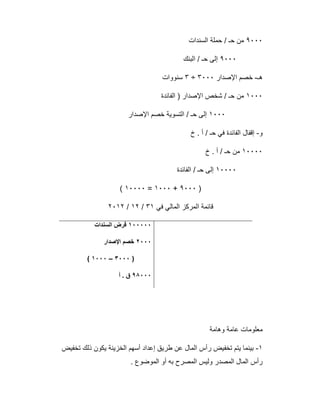 ٩٠٠٠‫اﻟﺳﻧدات‬ ‫ﺣﻣﻠﺔ‬ / ‫ﺣـ‬ ‫ﻣن‬
٩٠٠٠‫اﻟﺑﻧك‬ / ‫ﺣـ‬ ‫إﻟﻰ‬
‫ھـ‬-‫اﻹﺻدار‬ ‫ﺧﺻم‬٣٠٠٠÷٣‫ﺳﻧووات‬
١٠٠٠‫اﻟﻔﺎﺋدة‬ ) ‫اﻹﺻدار‬ ‫ﺷﺧص‬ / ‫ﺣـ‬ ‫ﻣن‬
١٠٠٠‫اﻹﺻدار‬ ‫ﺧﺻم‬ ‫اﻟﺗﺳوﯾﺔ‬ / ‫ﺣـ‬ ‫إﻟﻰ‬
‫و‬-‫خ‬ . ‫أ‬ / ‫ﺣـ‬ ‫ﻓﻲ‬ ‫اﻟﻔﺎﺋدة‬ ‫إﻗﻔﺎل‬
١٠٠٠٠‫خ‬ . ‫أ‬ / ‫ﺣـ‬ ‫ﻣن‬
١٠٠٠٠‫اﻟﻔﺎﺋدة‬ / ‫ﺣـ‬ ‫إﻟﻰ‬
)٩٠٠٠+١٠٠٠=١٠٠٠٠(
‫ﻓﻲ‬ ‫اﻟﻣﺎﻟﻲ‬ ‫اﻟﻣرﻛز‬ ‫ﻗﺎﺋﻣﺔ‬٣١/١٢/٢٠١٢
١٠٠٠٠٠‫اﻟ‬ ‫ﻗرض‬‫ﺳﻧدات‬
٢٠٠٠‫اﻹﺻدار‬ ‫ﺧﺻم‬
)٣٠٠٠–١٠٠٠(
٩٨٠٠٠‫أ‬ . ‫ق‬
‫وھﺎﻣﺔ‬ ‫ﻋﺎﻣﺔ‬ ‫ﻣﻌﻠوﻣﺎت‬
١-‫ﺗﺧﻔﯾض‬ ‫ذﻟك‬ ‫ﯾﻛون‬ ‫اﻟﺧزﯾﻧﺔ‬ ‫أﺳﮭم‬ ‫إﻋداد‬ ‫طرﯾق‬ ‫ﻋن‬ ‫اﻟﻣﺎل‬ ‫رأس‬ ‫ﺗﺧﻔﯾض‬ ‫ﯾﺗم‬ ‫ﺑﯾﻧﻣﺎ‬
. ‫اﻟﻣوﺿوع‬ ‫أو‬ ‫ﺑﮫ‬ ‫اﻟﻣﺻرح‬ ‫وﻟﯾس‬ ‫اﻟﻣﺻدر‬ ‫اﻟﻣﺎل‬ ‫رأس‬
 