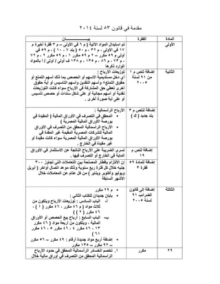 ‫ﻗﺎﻧون‬ ‫ﻓﻲ‬ ‫ﻣﻘدﻣﺔ‬٥٣‫ﻟﺳﻧﺔ‬٢٠١٤
‫اﻟﻣﺎدة‬‫اﻟﻔﻘرة‬‫ﺑﯾـــــــــــــــــــــــﺎن‬
‫اﻷوﻟﻰ‬‫م‬ ) ‫اﻵﺗﯾﺔ‬ ‫اﻟﻣواد‬ ‫اﺳﺗﺑدال‬ ‫ﺗم‬٦‫اﻷوﻟﻰ‬ ‫ﻓﻲ‬–‫م‬٣‫م‬ ‫أﺧﯾرة‬ ‫ﻓﻘرة‬
١٧‫م‬ ، ‫اﻷوﻟﻰ‬ ‫ﻓﻲ‬٣٢‫م‬ ،٥٠‫ﺑﻧد‬ )٧،١٠‫م‬ ، (٥٩‫ﻓﻲ‬
‫م‬ ‫أوﻟﻰ‬٥٩‫ﻣﻛرر‬–٢‫م‬٥٩‫ﻣﻛرر‬١‫م‬ ،٥٩‫ﻣﻛرر‬٢‫م‬ ،٧٢
‫م‬ ،٧٣‫م‬ ،٨٦‫م‬ ،١٣٥‫م‬ ،١٣٨‫ﺑﺎﻟﻣواد‬ ‫أ‬ / ‫أوﻟﻰ‬ / ‫أوﻟﻰ‬ ‫ف‬
‫ذﻛرھﺎ‬ ‫اﻟوارد‬
‫اﻟﺛﺎﻧﯾﺔ‬‫م‬ ‫ﻟﻧص‬ ‫إﺿﺎﻓﺔ‬١
‫ﻣن‬٩١‫ﻟﺳﻧﺔ‬
٢٠٠٥
: ‫اﻷرﺑﺎح‬ ‫ﺗوزﯾﻌﺎت‬
‫أو‬ ‫اﻟﺗﻣﺗﻊ‬ ‫أﺳﮭم‬ ‫ذﻟك‬ ‫ﺑﻣﺎ‬ ‫اﻟﺣﺻص‬ ‫أو‬ ‫اﻷﺳﮭم‬ ‫ﻣﺳﺗدﯾﻣﯾﺔ‬ ‫دﺧل‬ ‫أي‬
‫اﻟﺗﻣﺗﻊ‬ ‫ﺣﻘوق‬٨‫ﺣﻘوق‬ ‫أﯾﺔ‬ ‫أو‬ ‫اﻟﺗﺎﺳﯾس‬ ‫وأﺳﮭم‬ ‫اﻟﻧﻘدﯾن‬ ‫وأﺳﮭم‬
‫اﻟﺗوزﯾﻌﺎت‬ ‫ﻛﺎﻧت‬ ‫ﺳواء‬ ‫اﻷرﺑﺎح‬ ‫ﻓﻲ‬ ‫اﻟﻣﺷﺎرﻛﺔ‬ ‫ﺣق‬ ‫ﺗﻌطﻲ‬ ‫أﺧرى‬
‫أ‬ ‫ﻣﺟﺎﻧﯾﺔ‬ ‫أﺳﮭم‬ ‫أو‬ ‫ﻧﻘدﯾﺔ‬‫ﺗﺄﺳﯾس‬ ‫ﺣﺻص‬ ‫أو‬ ‫ﺳﻧدات‬ ‫ﺷﻛل‬ ‫ﻋﻠﻰ‬ ‫و‬
. ‫أﺧرى‬ ‫ﺻورة‬ ‫أﯾﺔ‬ ‫ﻋﻠﻰ‬ ‫أو‬
‫م‬ ‫ﻟﻧﺗص‬ ‫إﺿﺎﻓﺔ‬٣
( ‫ك‬ ) ‫ﺟدﯾد‬ ‫ﺑﻧد‬
: ‫اﻟرأﺳﻣﺎﻟﯾﺔ‬ ‫اﻷرﺑﺎح‬
•‫ﻓﻲ‬ ‫اﻟﻣﻘﯾدة‬ ) ‫اﻟﻣﺎﻟﯾﺔ‬ ‫اﻷوراق‬ ‫ﻓﻲ‬ ‫اﻟﺗﺻرف‬ ‫ﻓﻲ‬ ‫اﻟﻣﺣﻘق‬
( ‫اﻟﻣﺻرﯾﺔ‬ ‫اﻟﻣﺎﻟﯾﺔ‬ ‫اﻷوراق‬ ‫ﺑورﺻﺔ‬
•‫اﻷوراق‬ ‫ﻓﻲ‬ ‫اﻟﺗﺻرف‬ ‫ﻣن‬ ‫اﻟﻣﺣﻘق‬ ‫اﻟرأﺳﻣﺎﻟﯾﺔ‬ ‫اﻷرﺑﺎح‬
‫ﻟﻠﺷرﻛﺎت‬ ‫اﻟﻣﺎﻟﯾﺔ‬‫ﻓﻲ‬ ‫اﻟﻣﻘدة‬ ‫ﻏﯾر‬ ‫اﻟﻣﻘﯾﻣﺔ‬ ‫اﻟﻣﺻرﯾﺔ‬
‫أو‬ ‫ﻣﻘﯾدة‬ ‫ﻛﺎﻧت‬ ‫ﺳواء‬ ‫اﻟﻣﺻرﯾﺔ‬ ‫اﻟﻣﺎﻟﯾﺔ‬ ‫اﻷوراق‬ ‫ﺑورﺻﺔ‬
. ‫اﻟﺧﺎرج‬ ‫ﻓﻲ‬ ‫ﻣﻘﯾدة‬ ‫ﻏﯾر‬
‫م‬ ‫ﻟﻧص‬ ‫إﺿﺎﻓﺔ‬
١٩
‫اﻷوراق‬ ‫ﻓﻲ‬ ‫اﻻﺳﺗﺛﻣﺎر‬ ‫ﻋن‬ ‫اﻟﻧﺎﺗﺟﺔ‬ ‫اﻷرﺑﺎح‬ ‫ﻋﻠﻰ‬ ‫اﻟﺿرﯾﺑﺔ‬ ‫ﺗﺳرى‬
. ‫ﻓﯾﮭﺎ‬ ‫اﻟﺗﺻرف‬ ‫أو‬ ‫اﻟﺧﺎرج‬ ‫ﻓﻲ‬ ‫اﻟﻣﺎﯾﺔ‬
‫ﻟﻠﻣﺎدة‬ ‫إﺿﺎﻓﺔ‬٥٩
‫ﻓﻘرة‬٣
‫ﺗﺟﺎوز‬ ‫اﻟﺗﻲ‬ ‫اﻟﺗﻌﺎﻣﻼت‬ ‫ﺑﯾن‬ ‫اﻟﻣﺻﻠﺣﺔ‬ ‫ﺑﺈﻓطﺎر‬ ‫اﻻﻟﺗزام‬ ‫إن‬٣٠٠
‫ﺳﻧوﯾﺔ‬ ‫رﺑﻊ‬ ‫ﻓﺗرة‬ ‫ﻛل‬ ‫ﺧﻼل‬ ‫ﺟﻧﯾﮫ‬‫أﺑرﯾل‬ ) ‫أواﺧر‬ ‫اﺗﺻﺎل‬ ‫ﻣوﻋد‬ ‫وذﻟك‬
‫ﺧﻼل‬ ‫اﻟﻣﻌﺎﻣﻼت‬ ‫ﻋن‬ ‫ﻋﺗﺎم‬ ‫ﻛل‬ ‫ﻣن‬ ( ‫وﯾﻧﺎﯾر‬ ‫وأﻛﺗوﺑر‬ ‫وﯾوﻟﯾو‬
‫اﻟﺳﺎﺑﻘﺔ‬ ‫اﻷﺷﮭر‬
‫اﻟﺛﺎﻟﺛﺔ‬‫ﻗﺎﻧون‬ ‫إﻟﻰ‬ ‫إﺿﺎﻓﺔ‬
‫اﻟﺿراﺋب‬٩١
‫ﻟﺳﻧﺔ‬٢٠٠٥
•‫م‬٢٩‫ﻣﻛرر‬
•: ‫اﻟﺛﺎﻧﻲ‬ ‫ﻟﻠﻛﺗﺎب‬ ‫ﺟدﯾدان‬ ‫ﺑﺎﺑﺎن‬
‫أ‬-‫ﻣن‬ ‫وﯾﺗﻛون‬ ‫اﻷرﺑﺎح‬ ‫ﺗوزﯾﻌﺎت‬ : ‫اﻟﺳﺎدس‬ ‫اﻟﺑﺎب‬
‫م‬ ) ‫ﻣواد‬ ‫ﺛﻼث‬٤٦، ‫ﻣﻛرر‬٤٦) ‫ﻣﻛرر‬١، (
٤٦) ‫ﻣﻛرر‬٢( (
‫ب‬-‫اﻷوراق‬ ‫أو‬ ‫اﻟﺣﺻص‬ ‫ﺑﯾﻊ‬ ‫أرﺑﺎح‬ : ‫اﻟﺳﺎﺑﻊ‬ ‫اﻟﺑﺎب‬
) ‫ﻣواد‬ ‫أرﺑﻌﺔ‬ ‫ﻣن‬ ‫وﯾﺗﻛون‬ ، ‫اﻟﻣﺎﻟﯾﺔ‬٤٦‫ﻣﻛرر‬
١٣،٤٦‫ﻣﻛرر‬٤،٤٦‫ﻣﻛرر‬٥،٤٦‫ﻣﻛرر‬
٦١(
•‫إﺿ‬: ‫أرﻗﺎم‬ ‫ﺟدﯾدة‬ ‫ﻣواد‬ ‫أرﺑﻊ‬ ‫ﺎﻓﺔ‬٤٩‫ﻣﻛرر‬–٥٦‫ﻣﻛرر‬
–٩٢‫ﻣﻛرر‬–١٣٥‫ﻣﻛرر‬
٢٩‫ﻣﻛرر‬١.‫اﻷرﺑﺎح‬ ‫ﺣدود‬ ‫ﻓﻲ‬ ‫اﻟﻣﺣﻘق‬ ‫اﻟرأﺳﻣﺎﻟﯾﺔ‬ ‫اﻟﺧﺳﺎﺋر‬ ‫ﺗﺧﺻم‬
‫ﺧﻼل‬ ‫ﻣﺎﻟﯾﺔ‬ ‫أوراق‬ ‫ﻓﻲ‬ ‫اﻟﺗﺻرف‬ ‫ﻣن‬ ‫اﻟﻣﺣﻘق‬ ‫اﻟرأﺳﻣﺎﻟﯾﺔ‬
 